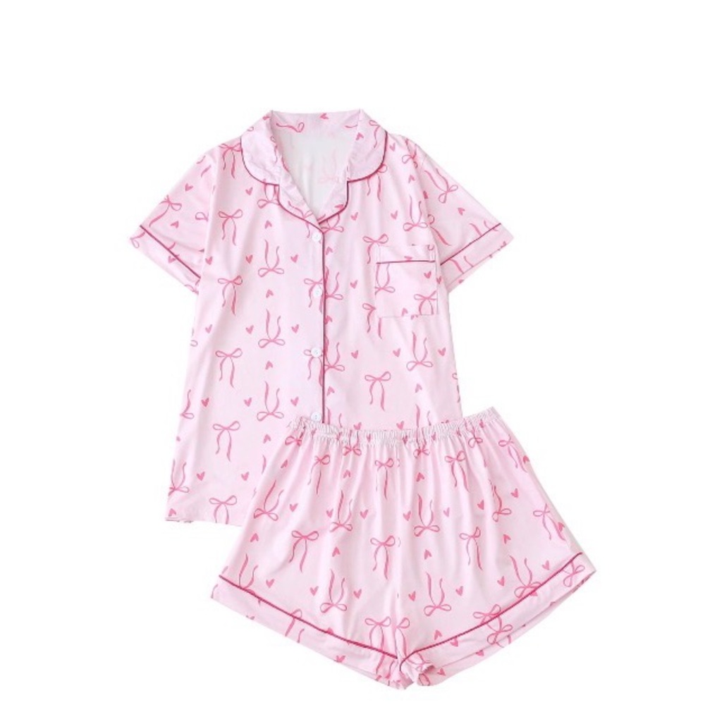 Pink Bow-Print Short Pajama Set - Women